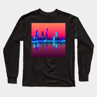 Ai Generated Art Scenery - Futuristic City Reflectet in River With Red Sky Long Sleeve T-Shirt